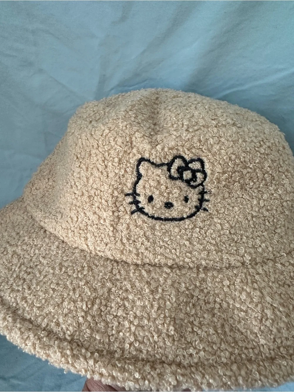 Hello Kitty Embroidered Beige Fuzzy Bucket Hat